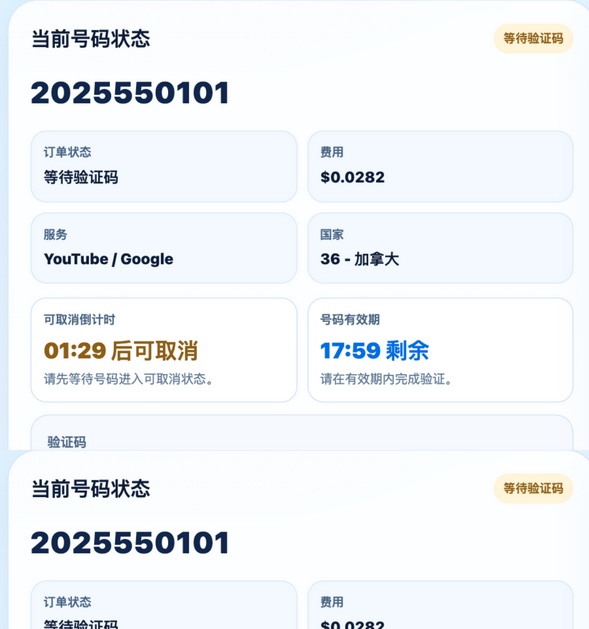 当前订单卡片：号码、倒计时和操作按钮